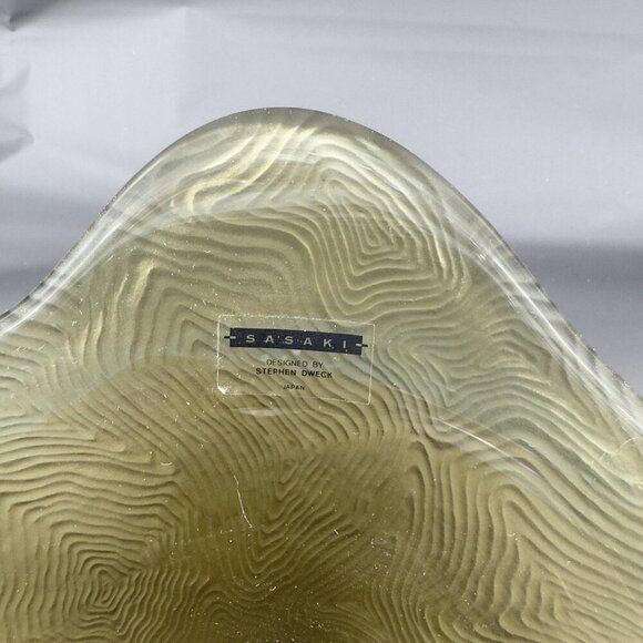 Sasaki Stephen Dweck Glass Bowl Abstract Shape Olive Green Satin Swirl Japan VTG - Picture 4 of 16